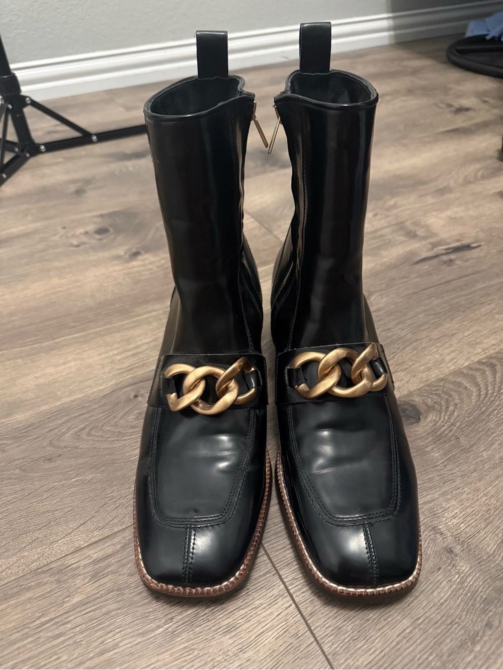 Steve Madden Black Leather Square-Toe Boots with Gold Chain